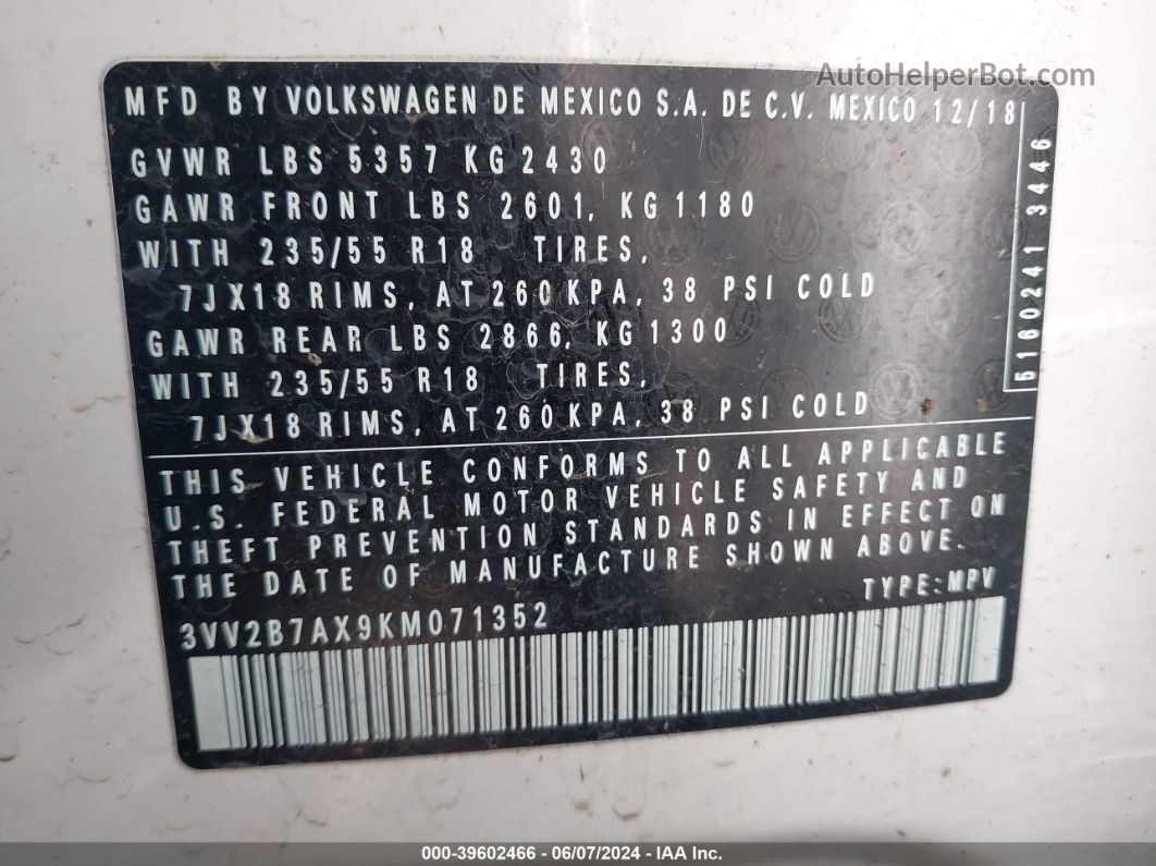 2019 Volkswagen Tiguan 2.0t Se/2.0t Sel/2.0t Sel R-line/2.0t Sel R-line Black White vin: 3VV2B7AX9KM071352