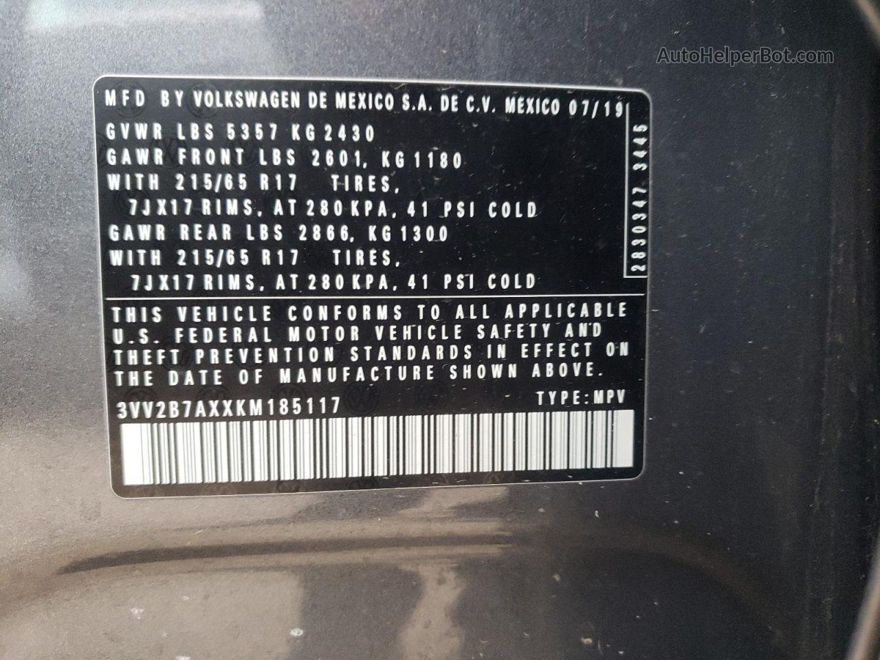 2019 Volkswagen Tiguan Se Gray vin: 3VV2B7AXXKM185117