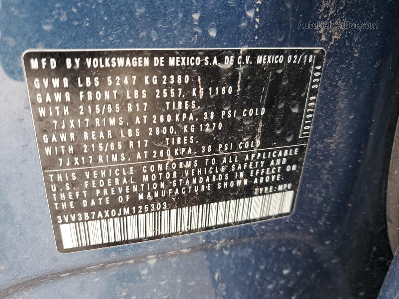 2018 Volkswagen Tiguan Se Blue vin: 3VV3B7AX0JM125303