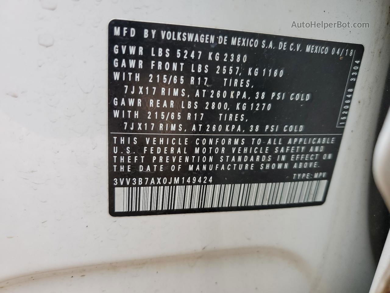 2018 Volkswagen Tiguan Se White vin: 3VV3B7AX0JM149424