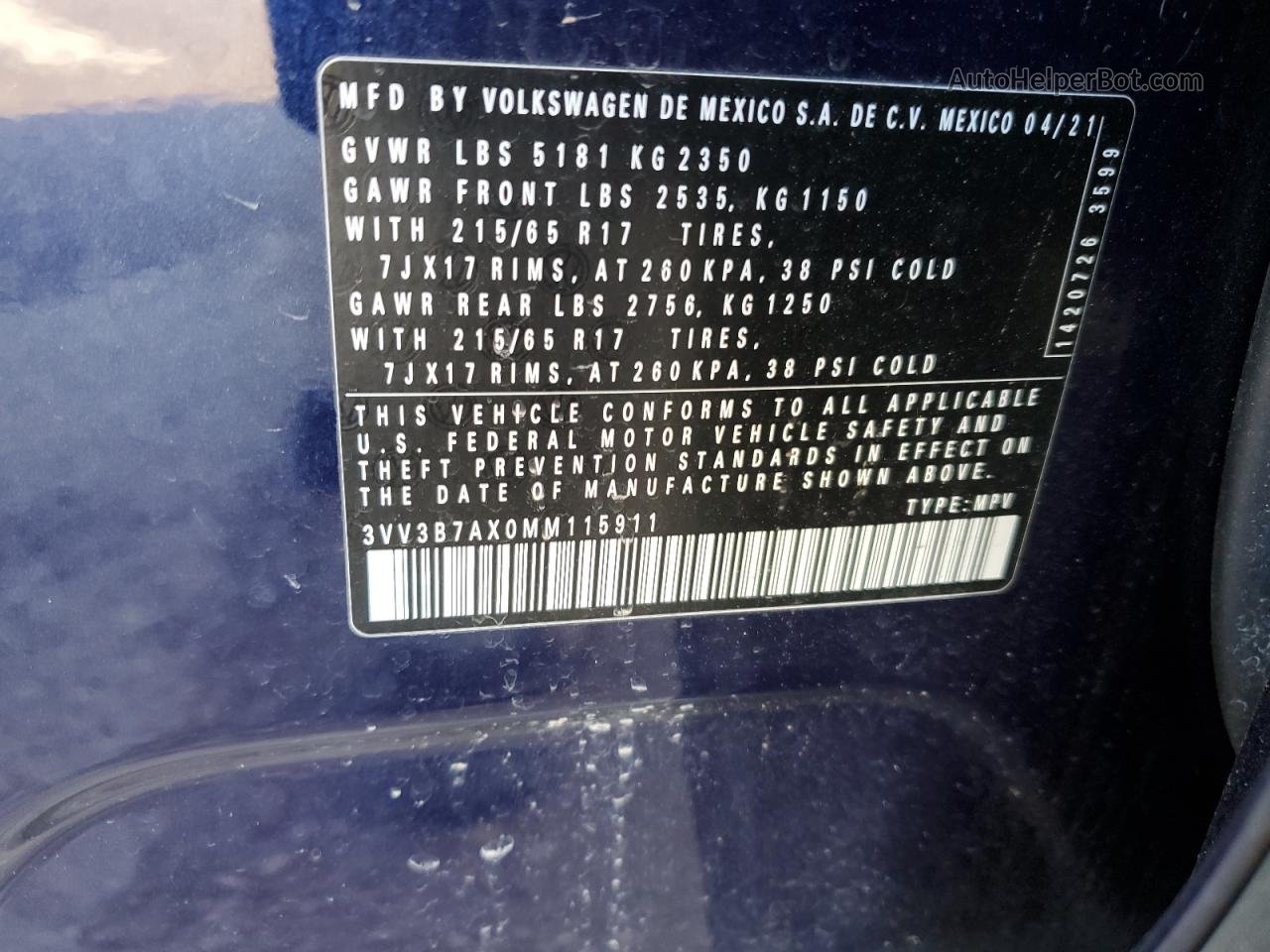 2021 Volkswagen Tiguan Se Blue vin: 3VV3B7AX0MM115911