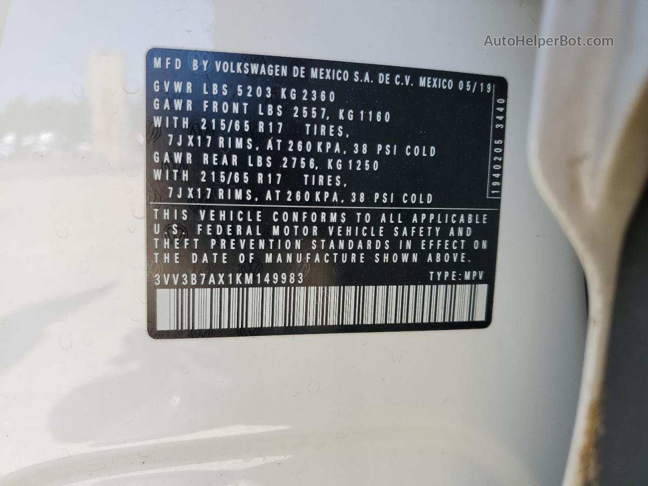 2019 Volkswagen Tiguan Se White vin: 3VV3B7AX1KM149983