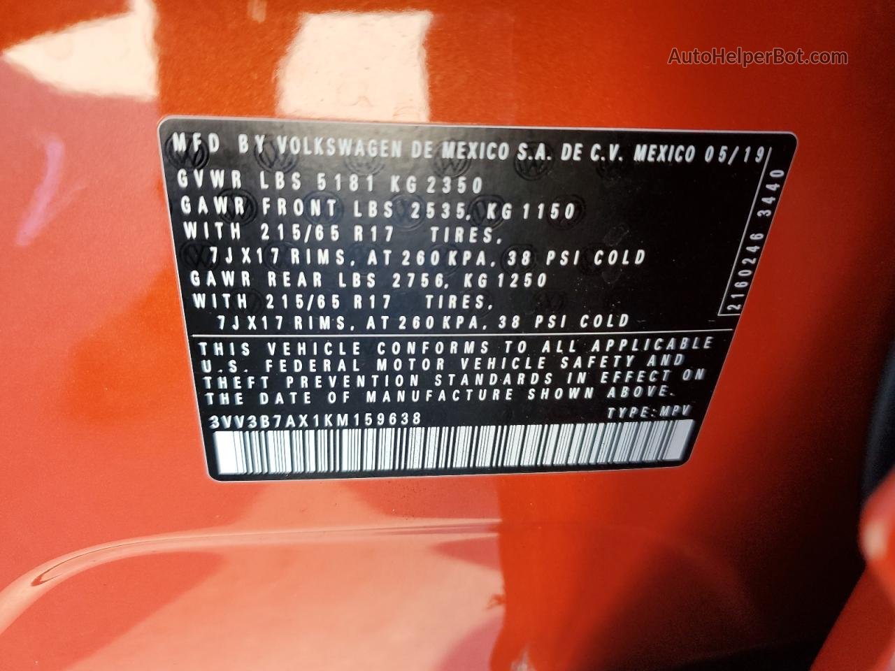 2019 Volkswagen Tiguan Se Оранжевый vin: 3VV3B7AX1KM159638