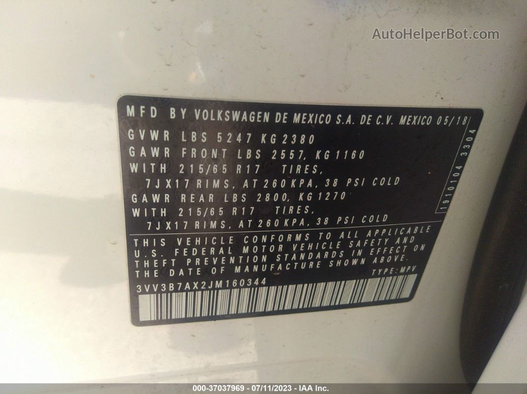 2018 Volkswagen Tiguan Sel/se White vin: 3VV3B7AX2JM160344