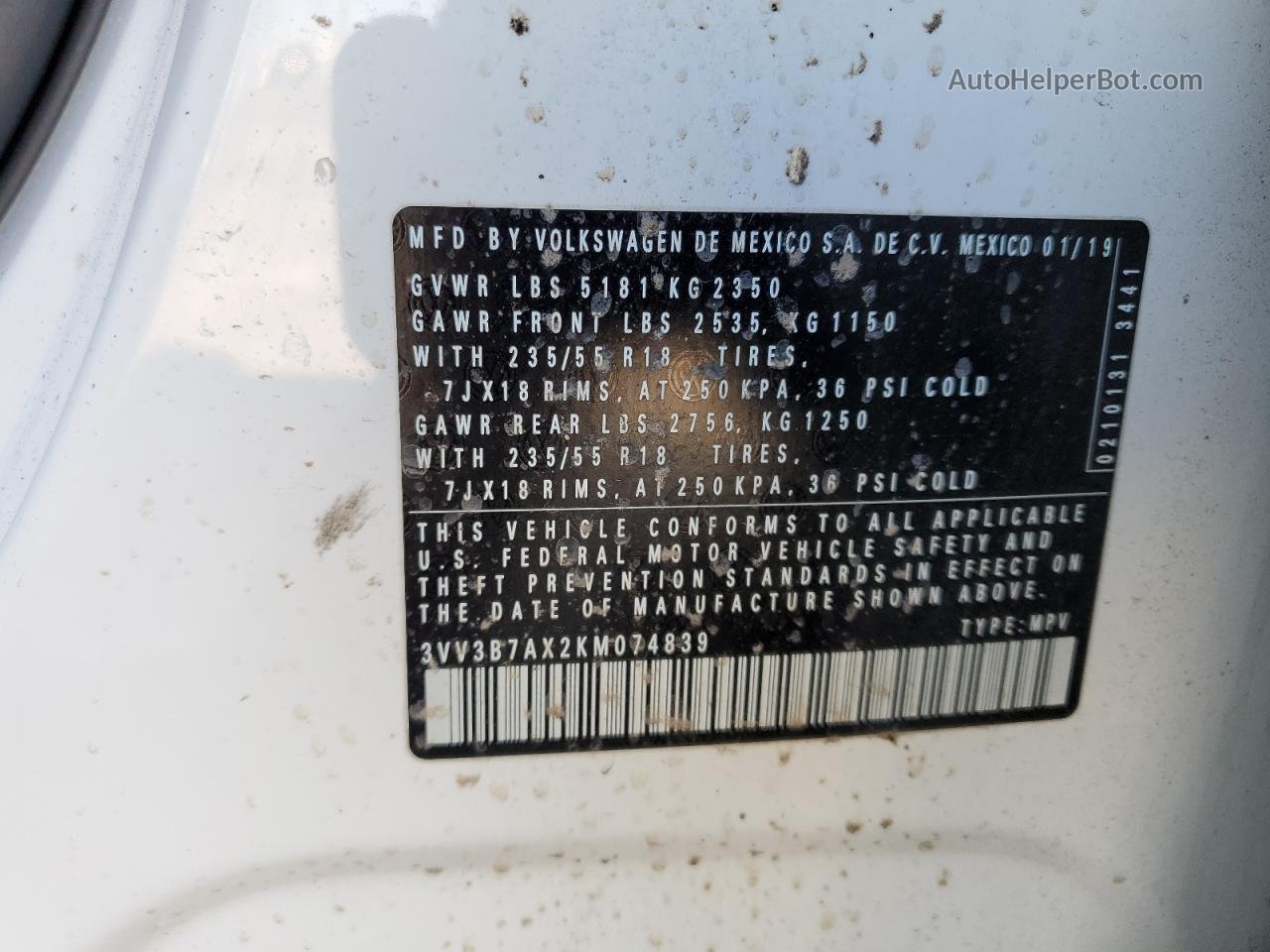 2019 Volkswagen Tiguan Se Белый vin: 3VV3B7AX2KM074839