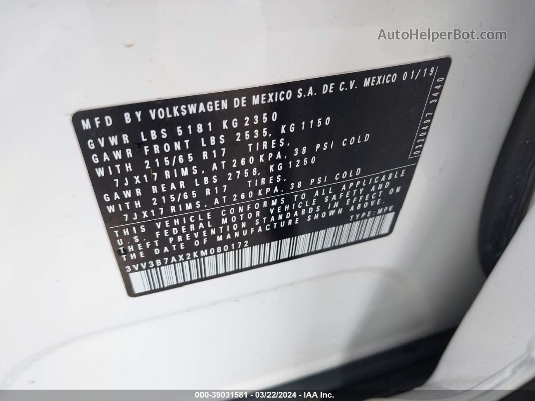 2019 Volkswagen Tiguan 2.0t Se/2.0t Sel/2.0t Sel R-line/2.0t Sel R-line Black Белый vin: 3VV3B7AX2KM080172