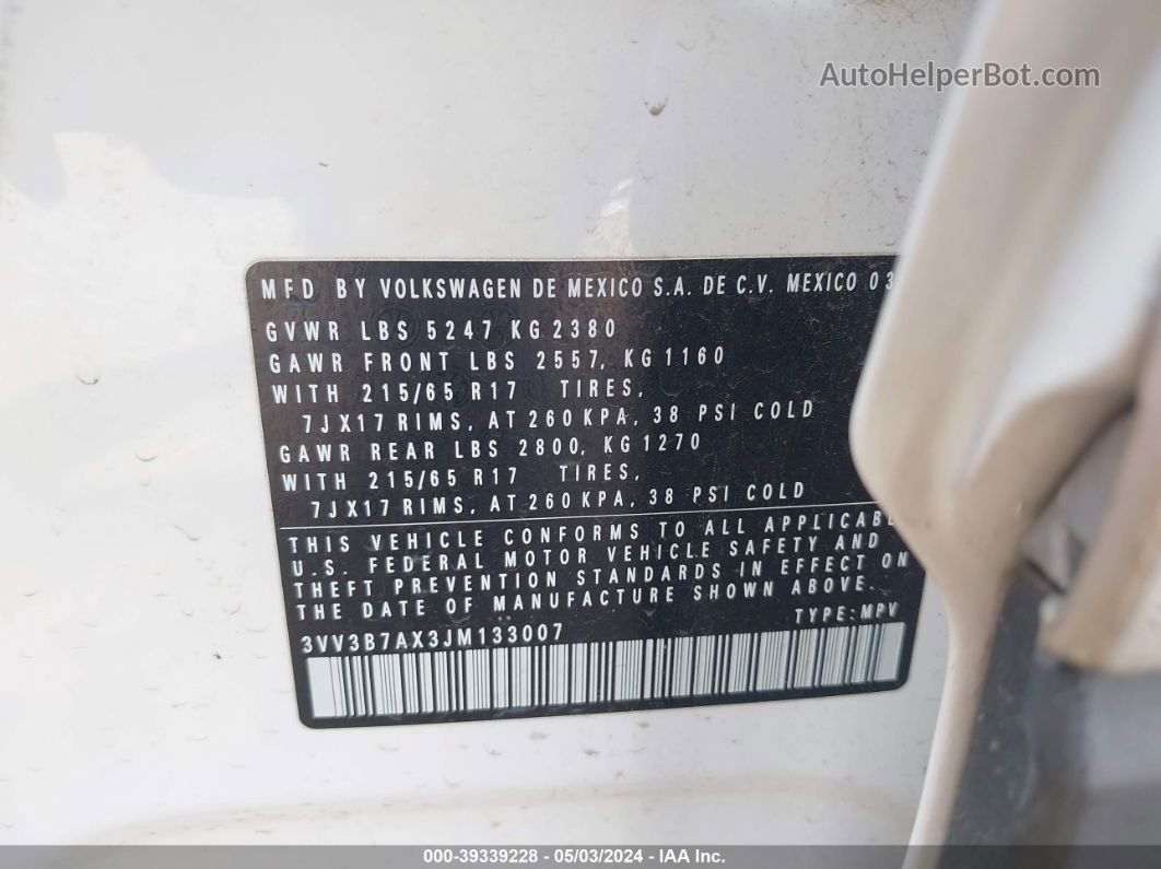 2018 Volkswagen Tiguan   Белый vin: 3VV3B7AX3JM133007