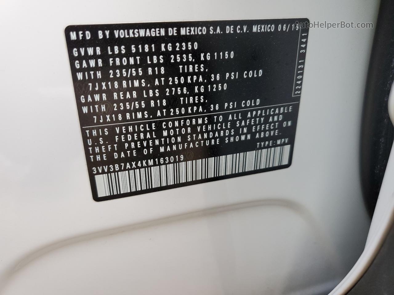 2019 Volkswagen Tiguan Se Белый vin: 3VV3B7AX4KM163019