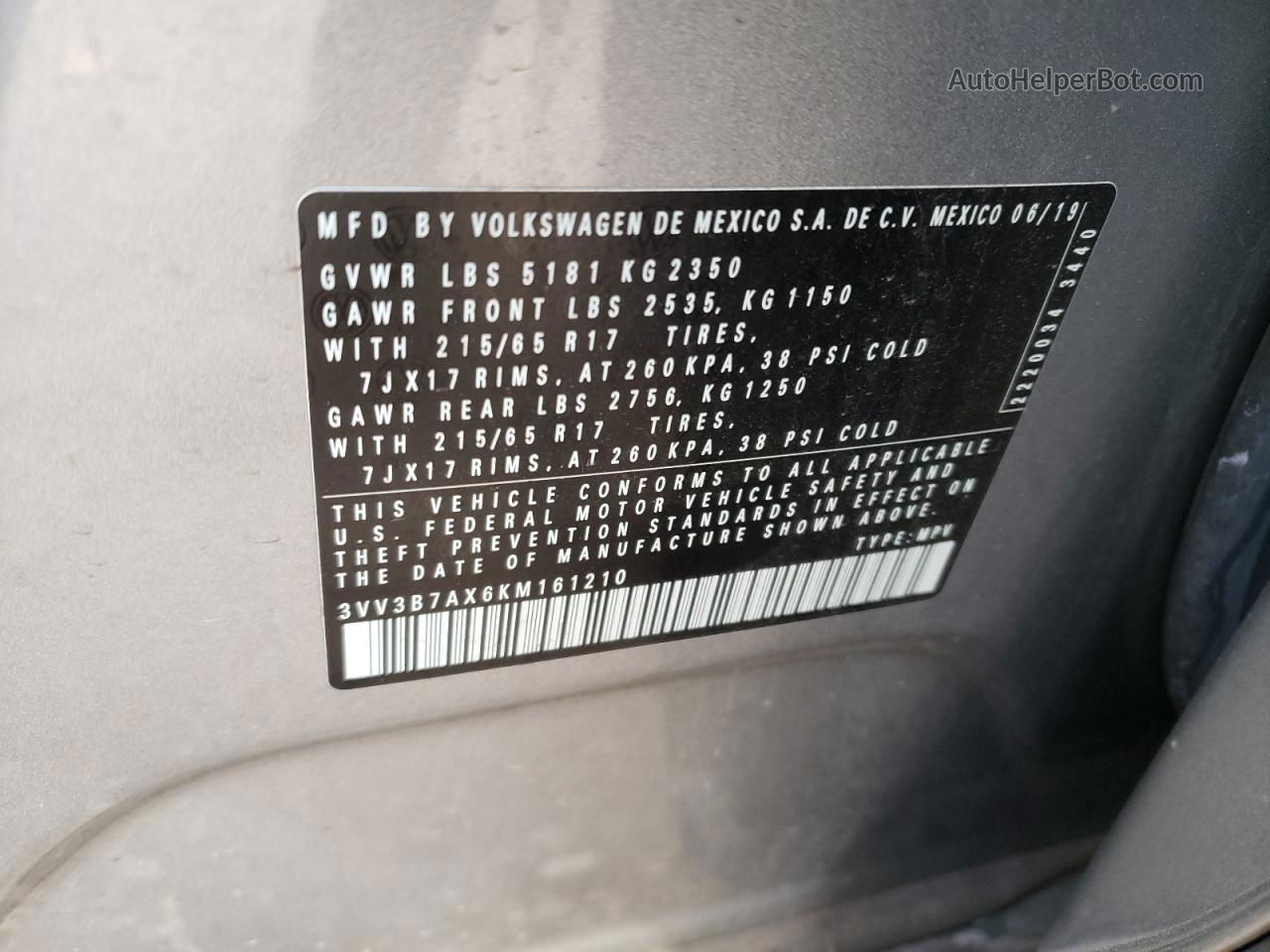 2019 Volkswagen Tiguan Se Silver vin: 3VV3B7AX6KM161210