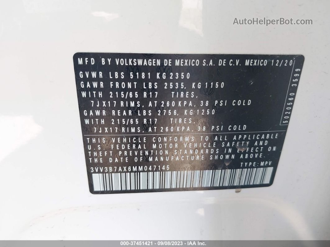 2021 Volkswagen Tiguan Se/se R-line Black/sel White vin: 3VV3B7AX6MM047145