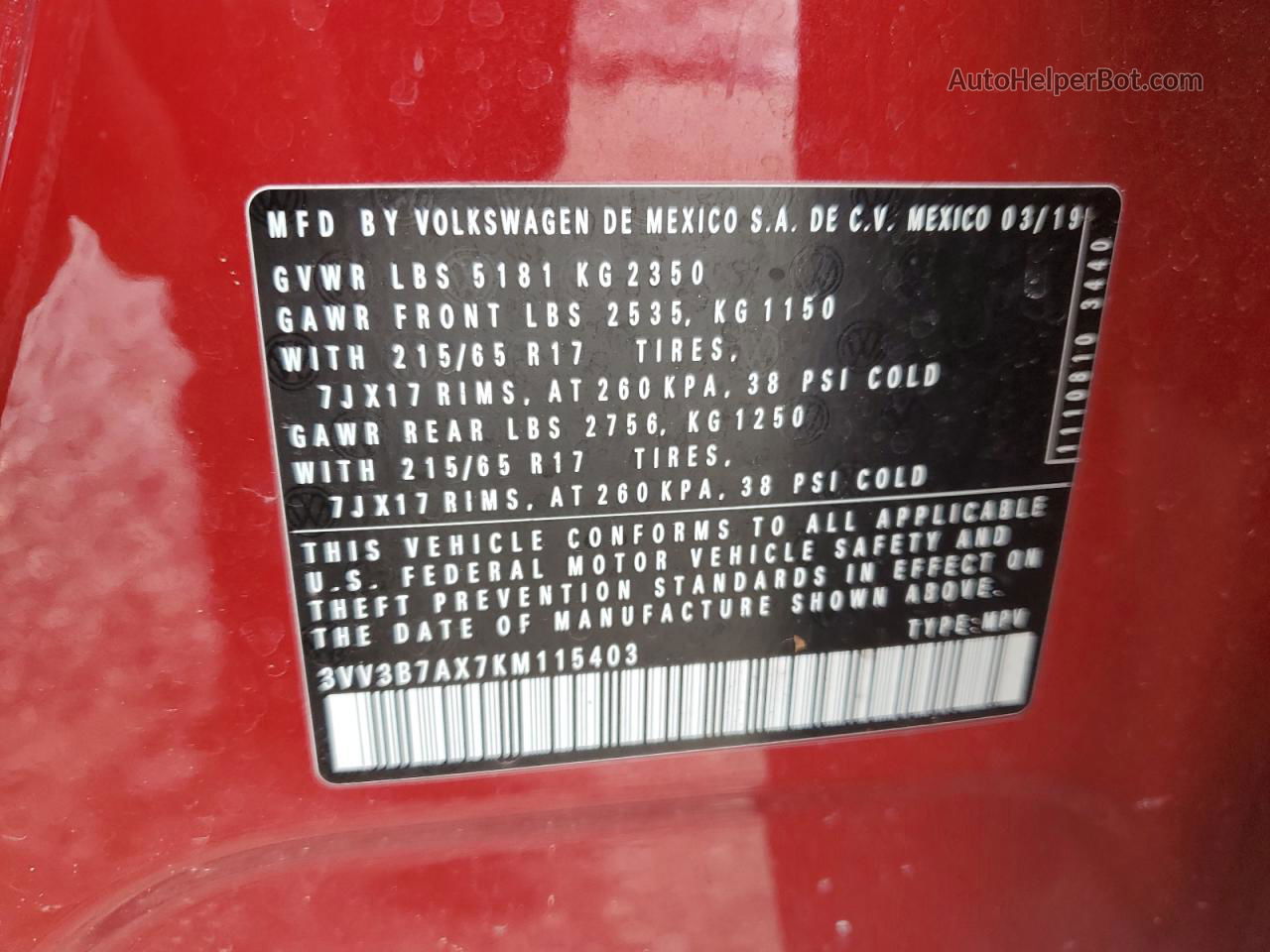 2019 Volkswagen Tiguan Se Burgundy vin: 3VV3B7AX7KM115403