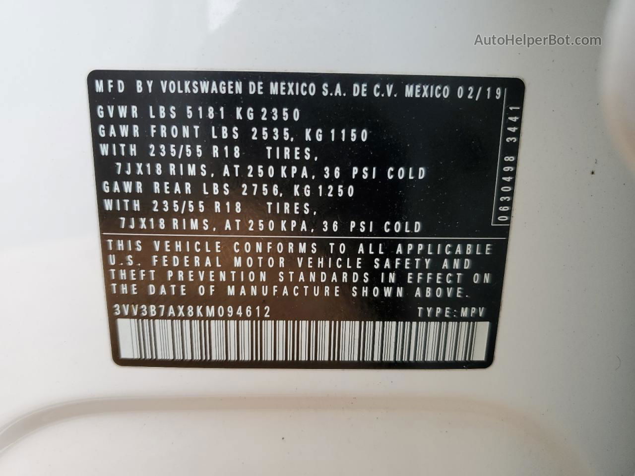 2019 Volkswagen Tiguan Se Белый vin: 3VV3B7AX8KM094612