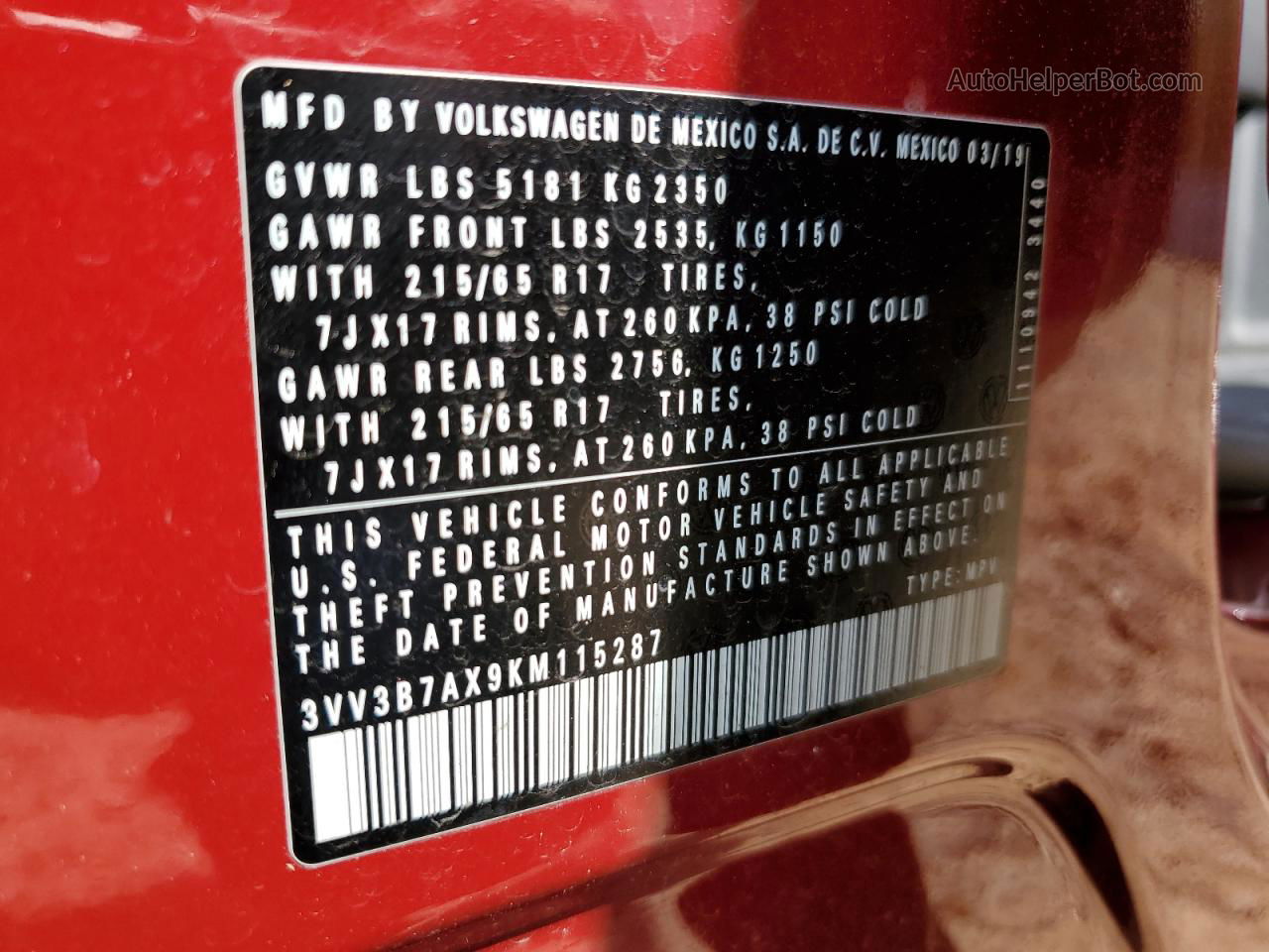 2019 Volkswagen Tiguan Se Красный vin: 3VV3B7AX9KM115287