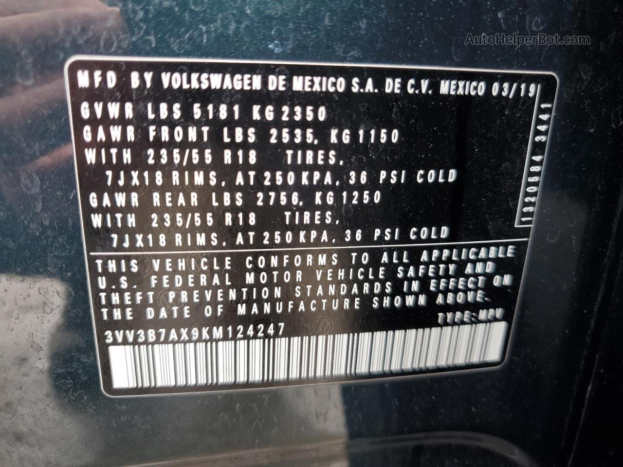 2019 Volkswagen Tiguan Se Teal vin: 3VV3B7AX9KM124247