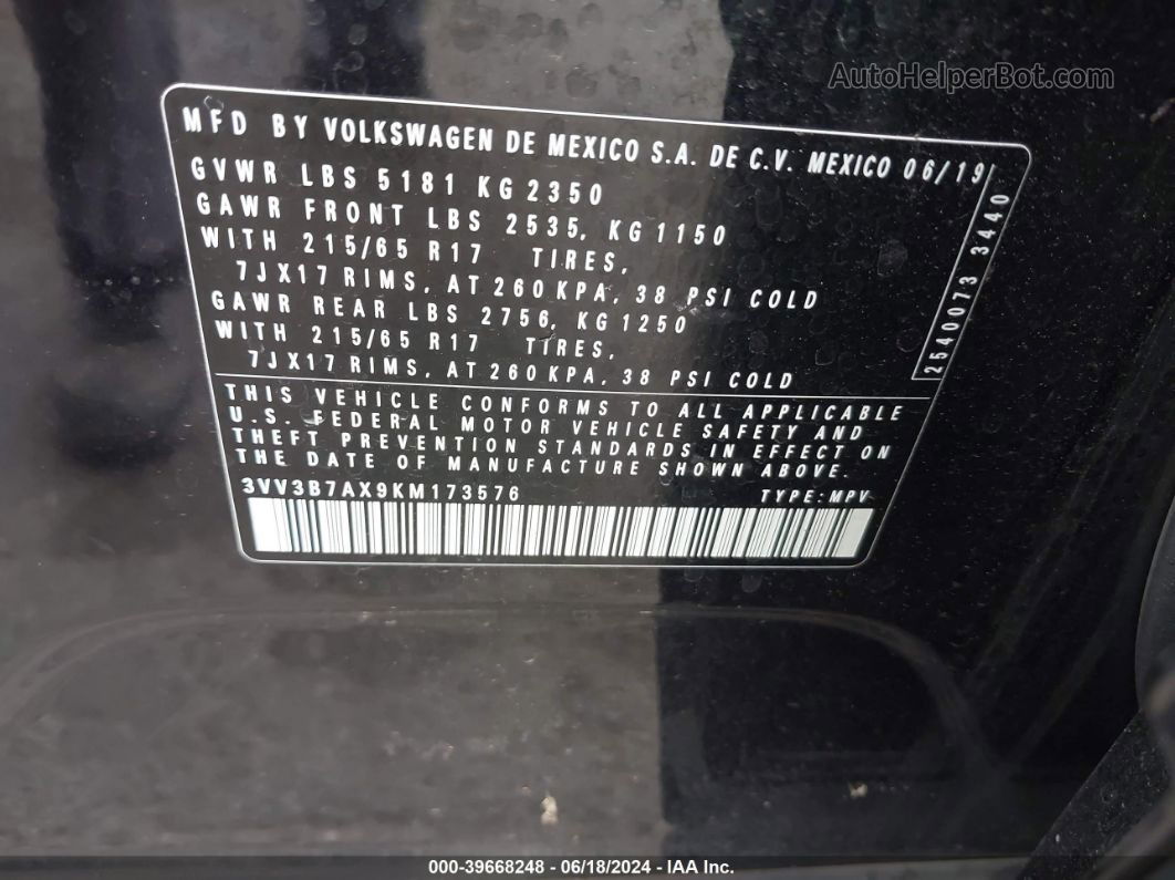 2019 Volkswagen Tiguan 2.0t Se/2.0t Sel/2.0t Sel R-line/2.0t Sel R-line Black Black vin: 3VV3B7AX9KM173576