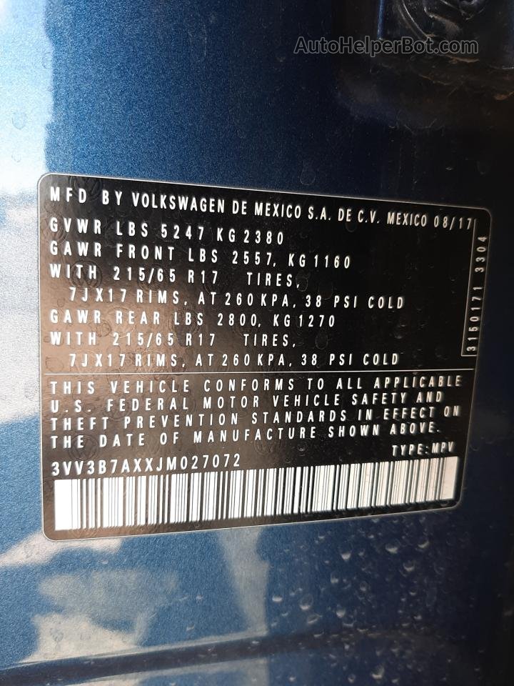 2018 Volkswagen Tiguan Se Blue vin: 3VV3B7AXXJM027072