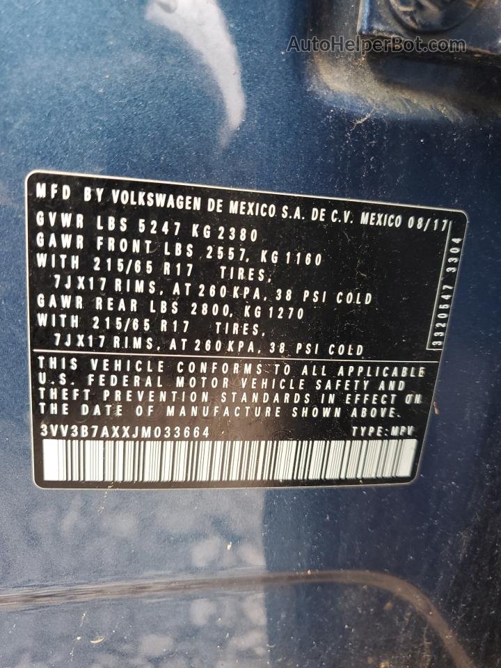 2018 Volkswagen Tiguan Se Blue vin: 3VV3B7AXXJM033664