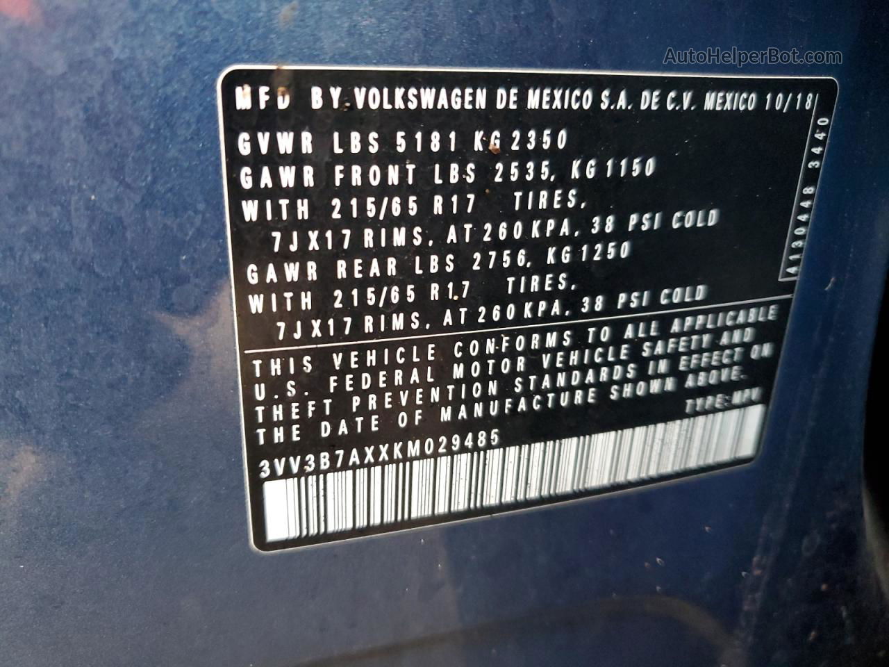 2019 Volkswagen Tiguan Se Blue vin: 3VV3B7AXXKM029485