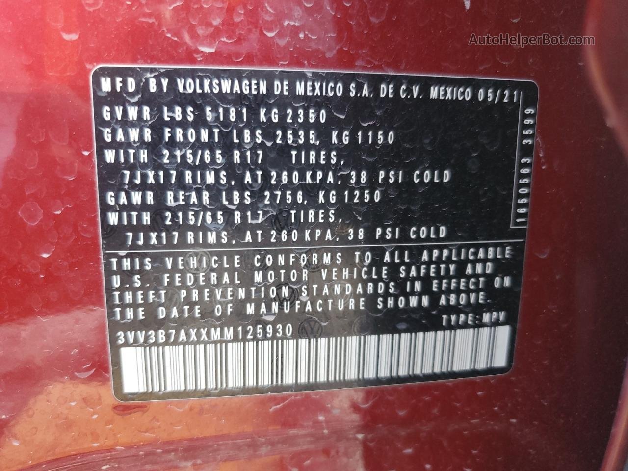 2021 Volkswagen Tiguan Se Red vin: 3VV3B7AXXMM125930