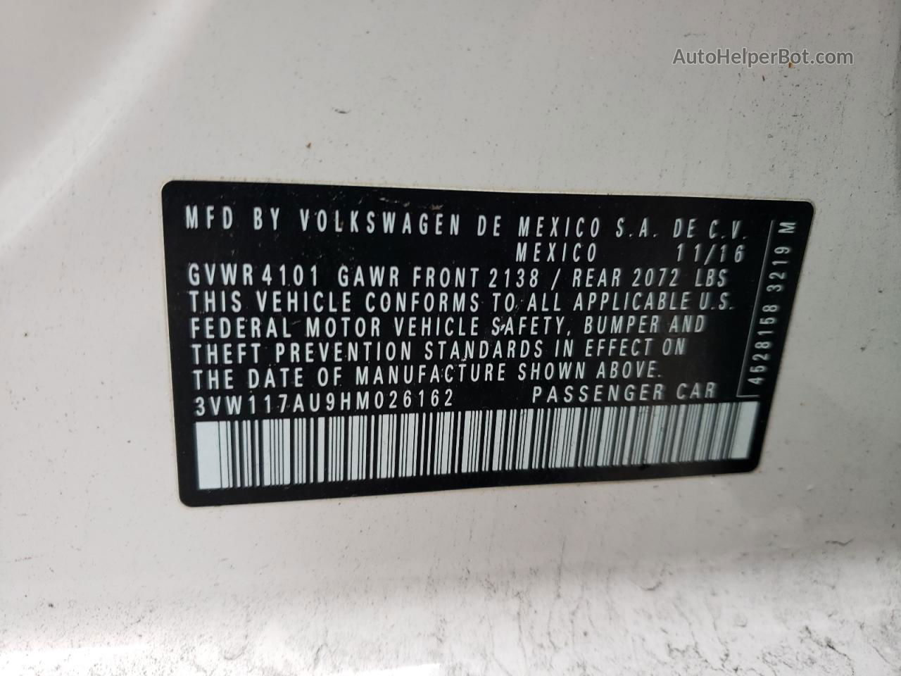 2017 Volkswagen Golf S White vin: 3VW117AU9HM026162