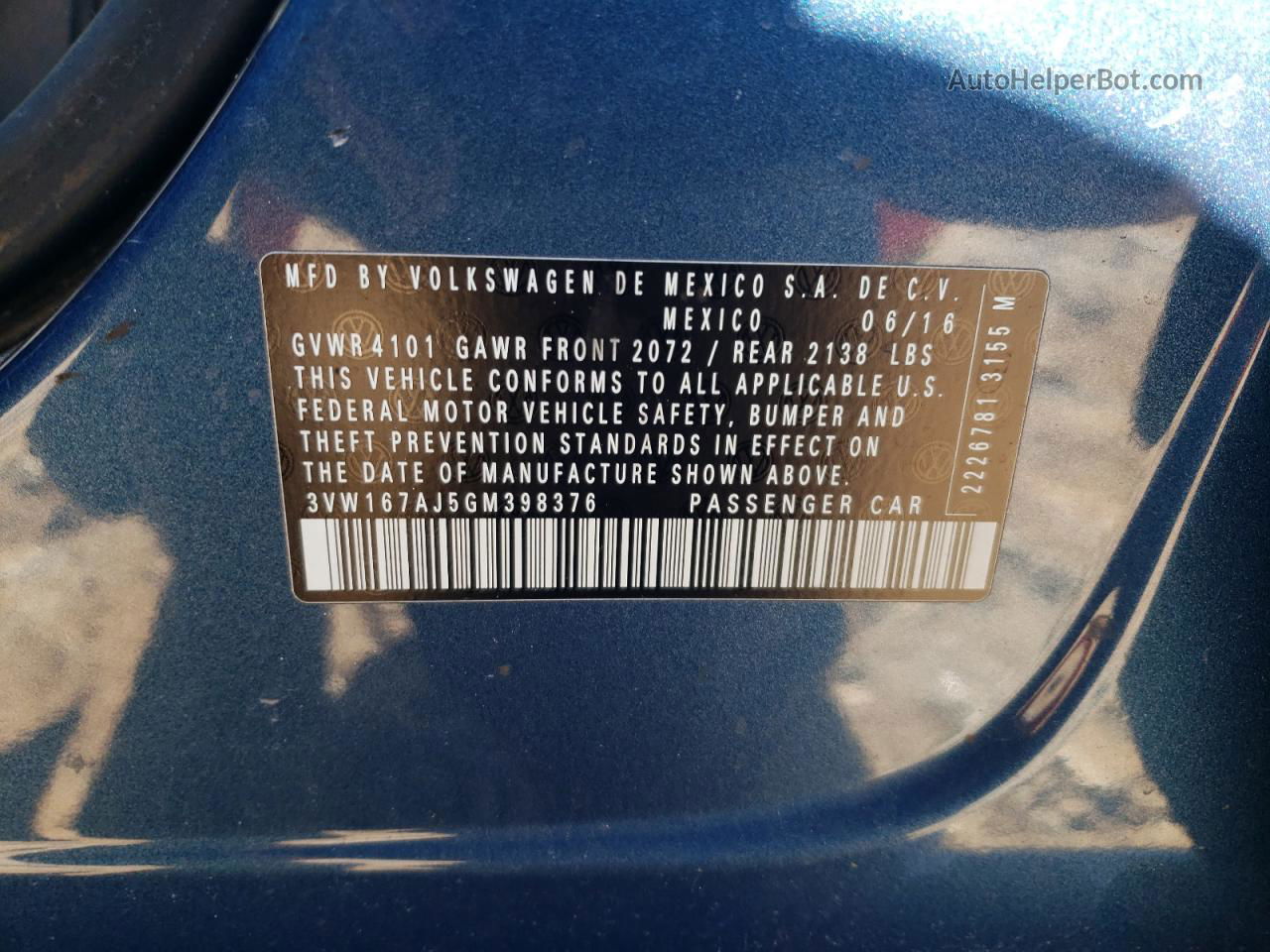 2016 Volkswagen Jetta S Синий vin: 3VW167AJ5GM398376