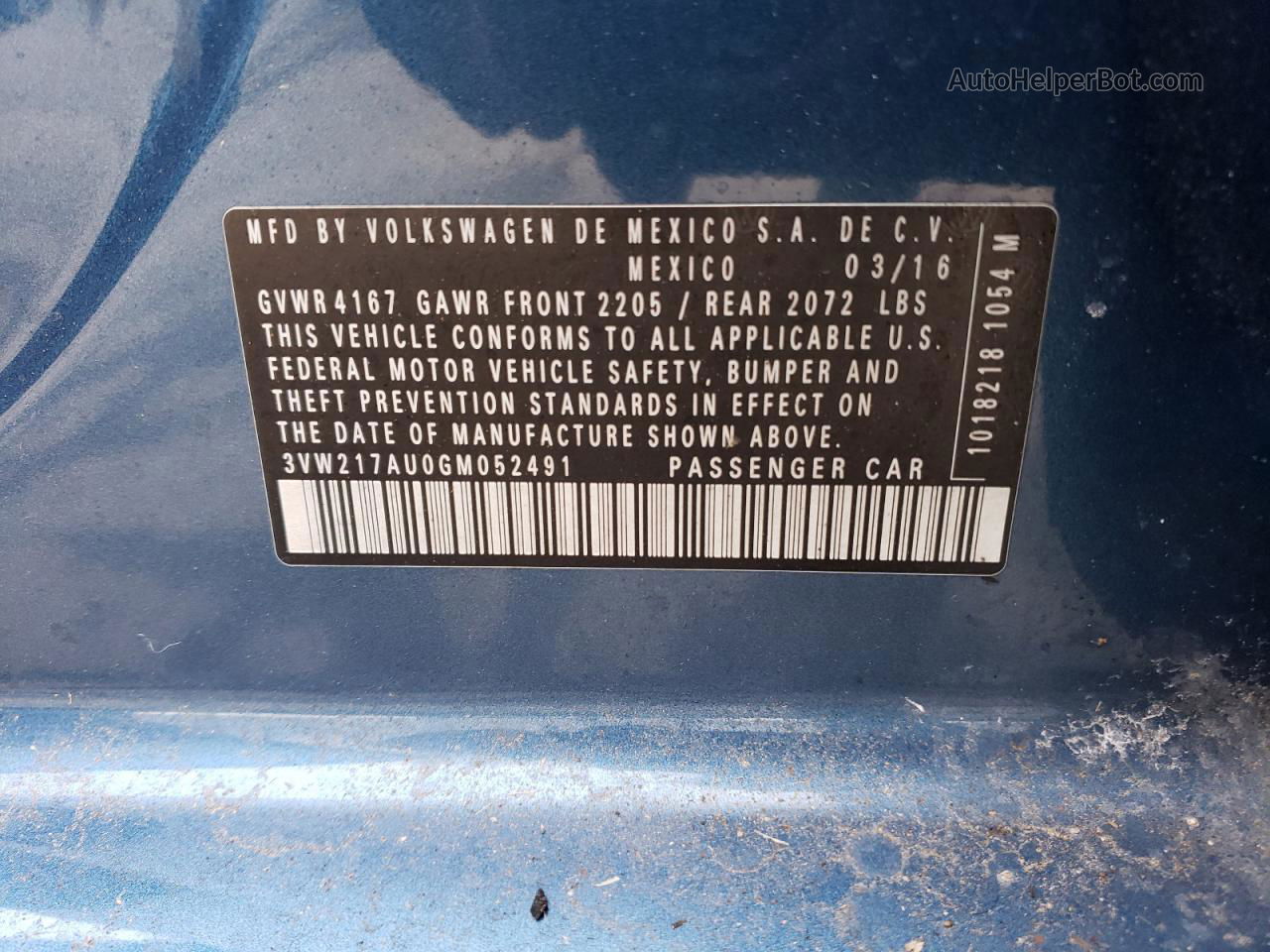 2016 Volkswagen Golf S/se Blue vin: 3VW217AU0GM052491