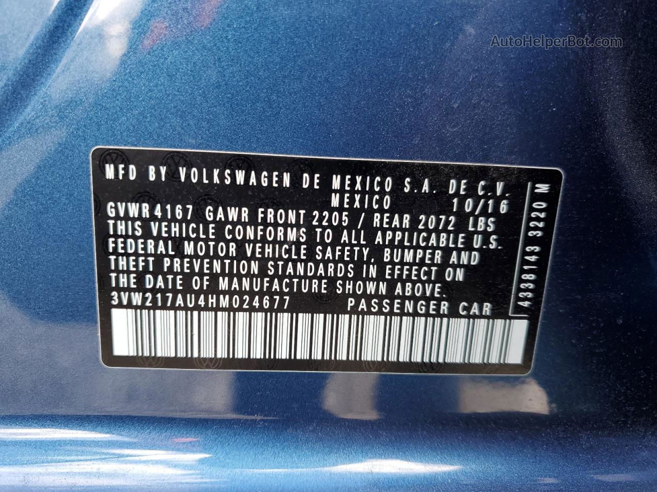 2017 Volkswagen Golf S Blue vin: 3VW217AU4HM024677