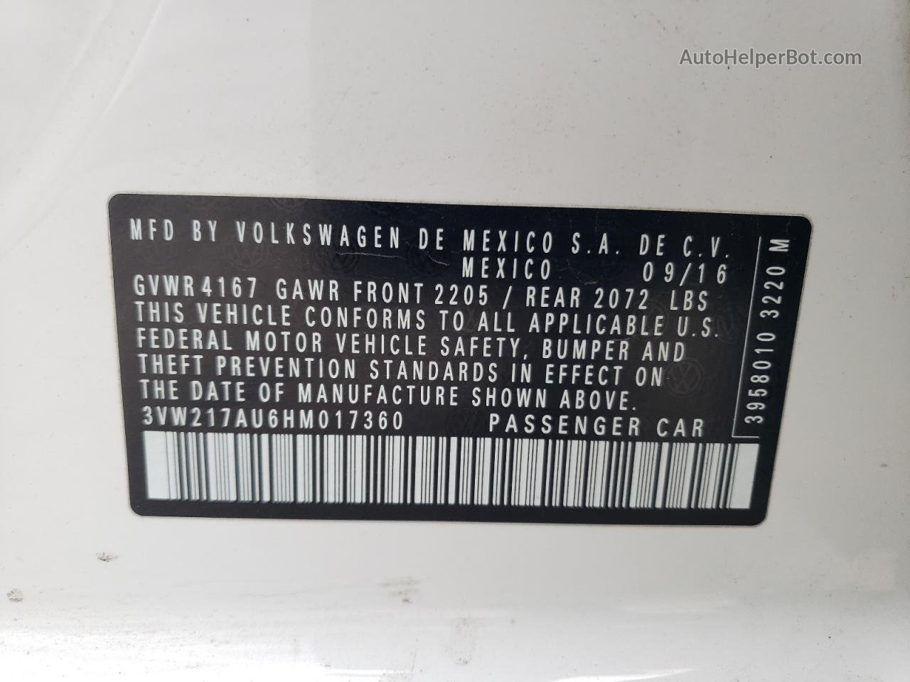 2017 Volkswagen Golf S White vin: 3VW217AU6HM017360