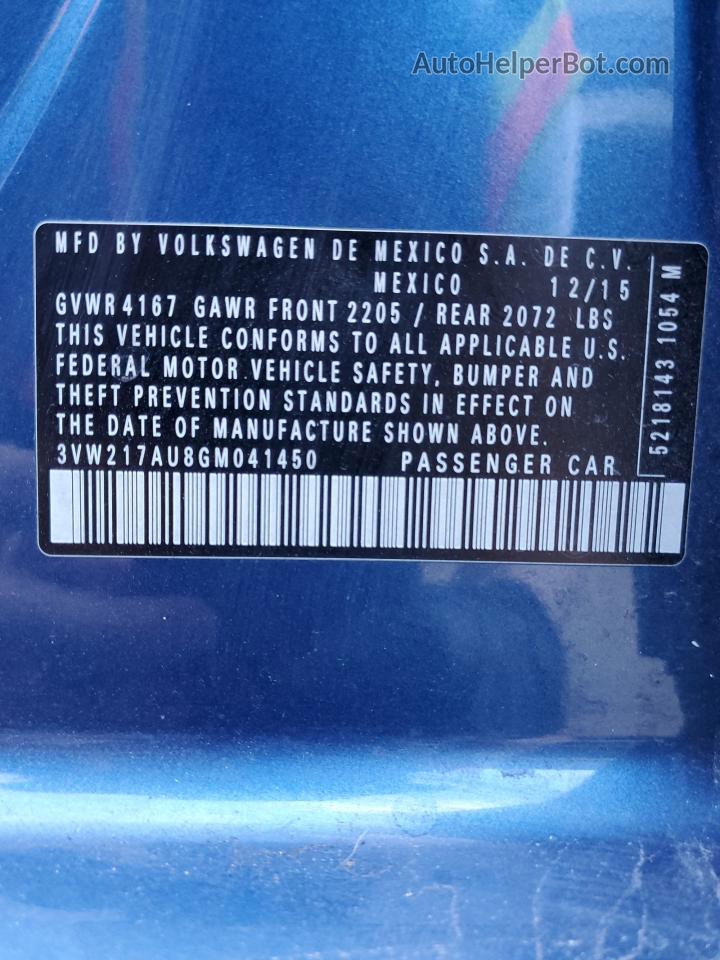 2016 Volkswagen Golf S/se Blue vin: 3VW217AU8GM041450
