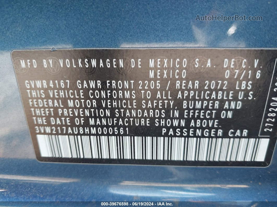 2017 Volkswagen Golf Tsi S 4-door/tsi Se 4-door/tsi Sel 4-door/tsi Wolfsburg Edition 4-door Blue vin: 3VW217AU8HM000561