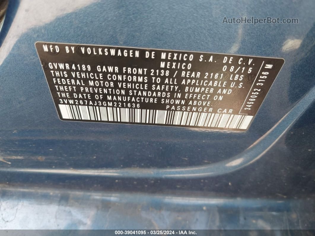 2016 Volkswagen Jetta 1.4t S Blue vin: 3VW267AJ3GM221636
