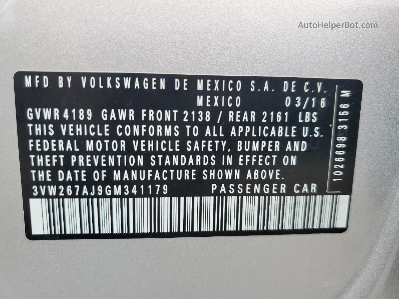 2016 Volkswagen Jetta S Silver vin: 3VW267AJ9GM341179
