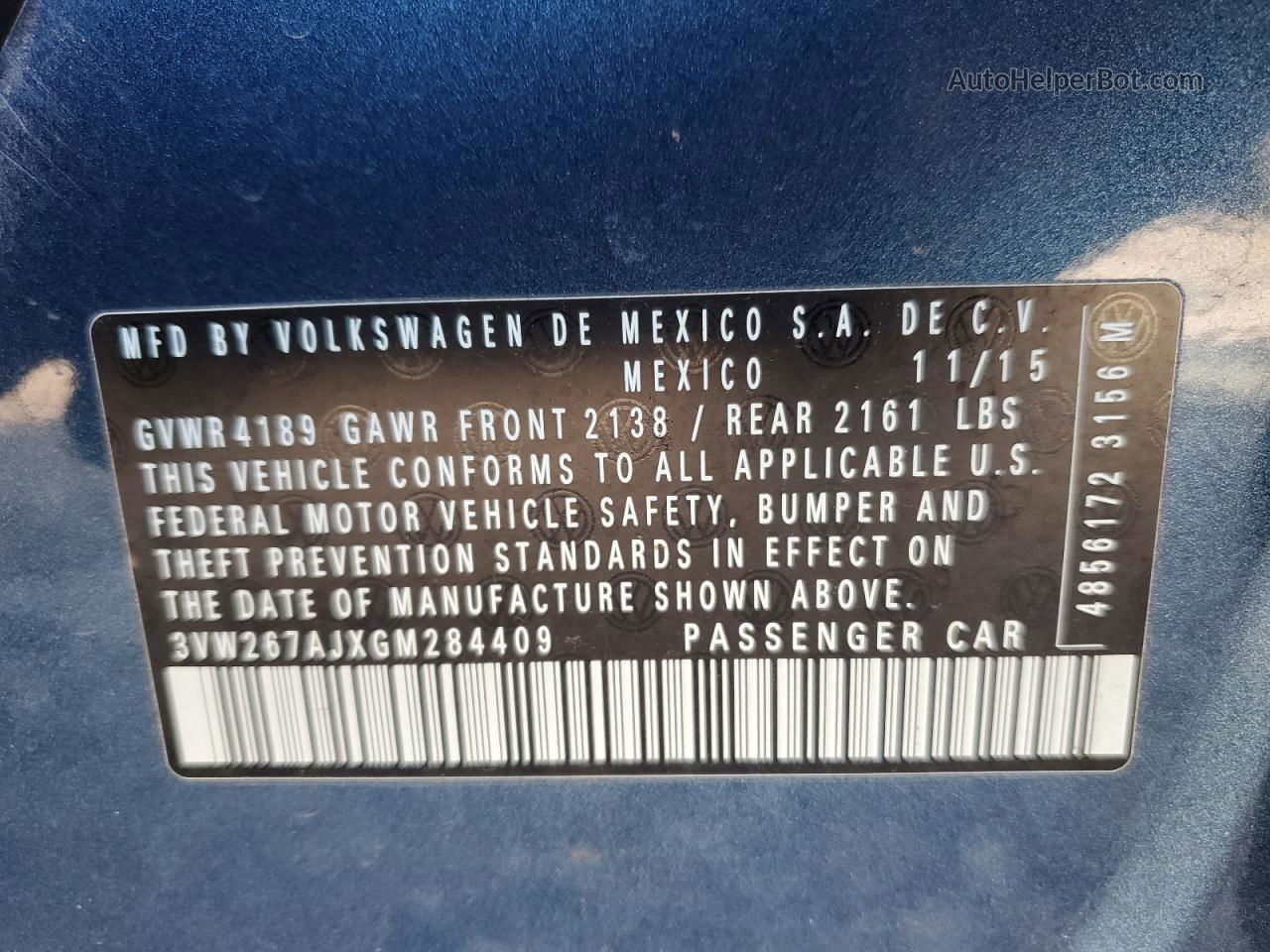 2016 Volkswagen Jetta S Blue vin: 3VW267AJXGM284409