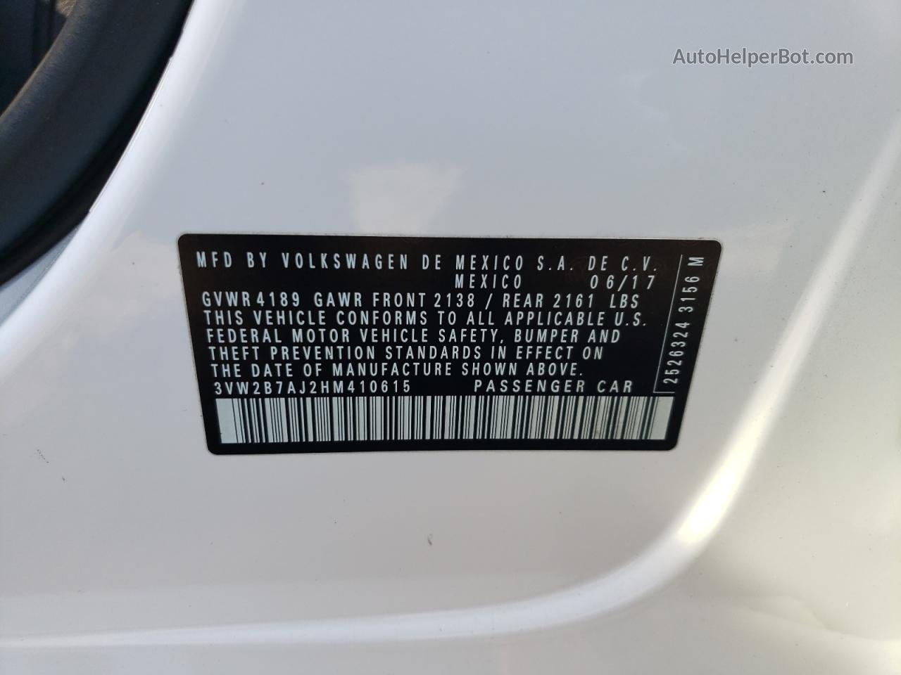 2017 Volkswagen Jetta S White vin: 3VW2B7AJ2HM410615