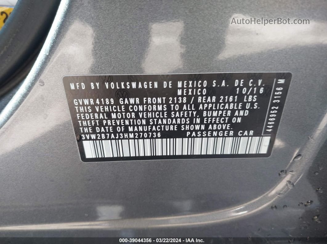 2017 Volkswagen Jetta 1.4t S Серый vin: 3VW2B7AJ3HM270736