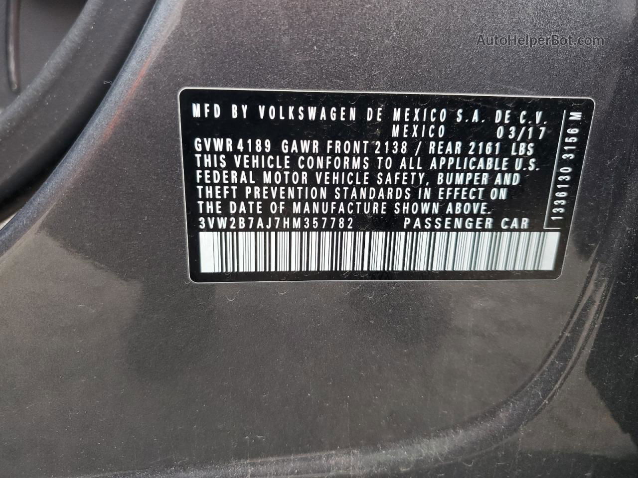 2017 Volkswagen Jetta S Угольный vin: 3VW2B7AJ7HM357782