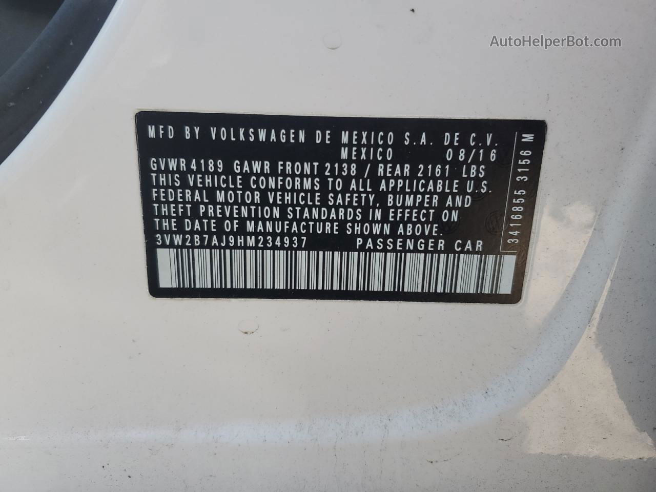 2017 Volkswagen Jetta S White vin: 3VW2B7AJ9HM234937