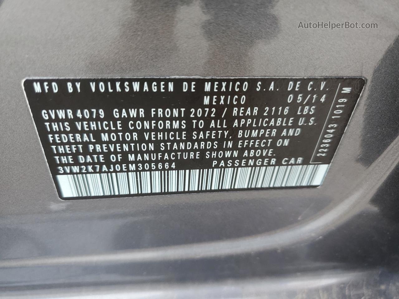 2014 Volkswagen Jetta Base Gray vin: 3VW2K7AJ0EM305664