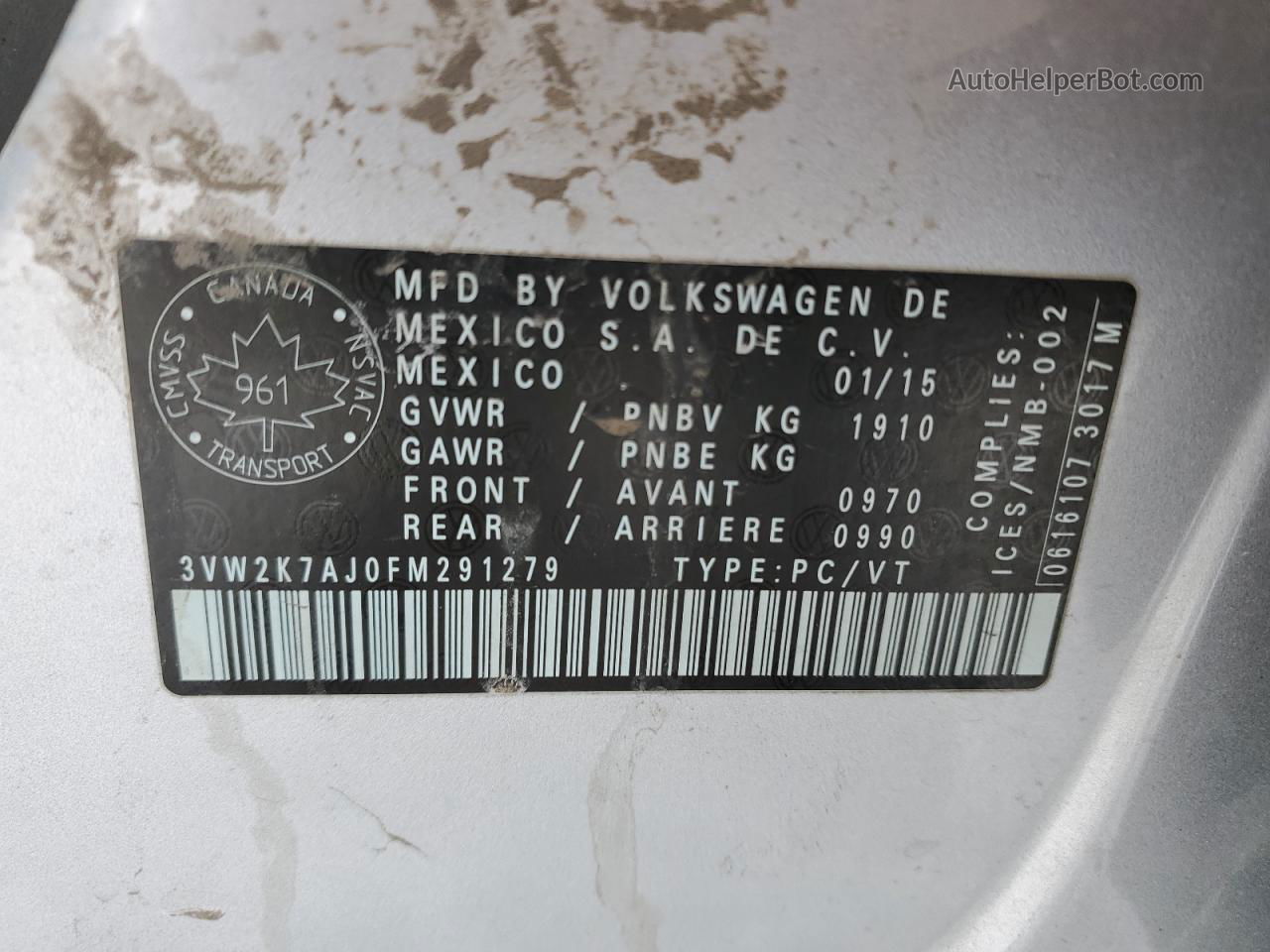 2015 Volkswagen Jetta Base Silver vin: 3VW2K7AJ0FM291279