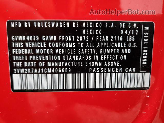 2012 Volkswagen Jetta Base Red vin: 3VW2K7AJ1CM406659