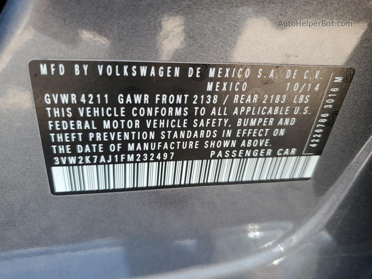 2015 Volkswagen Jetta Base Угольный vin: 3VW2K7AJ1FM232497