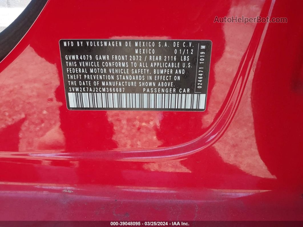 2012 Volkswagen Jetta 2.0l S Красный vin: 3VW2K7AJ2CM366687