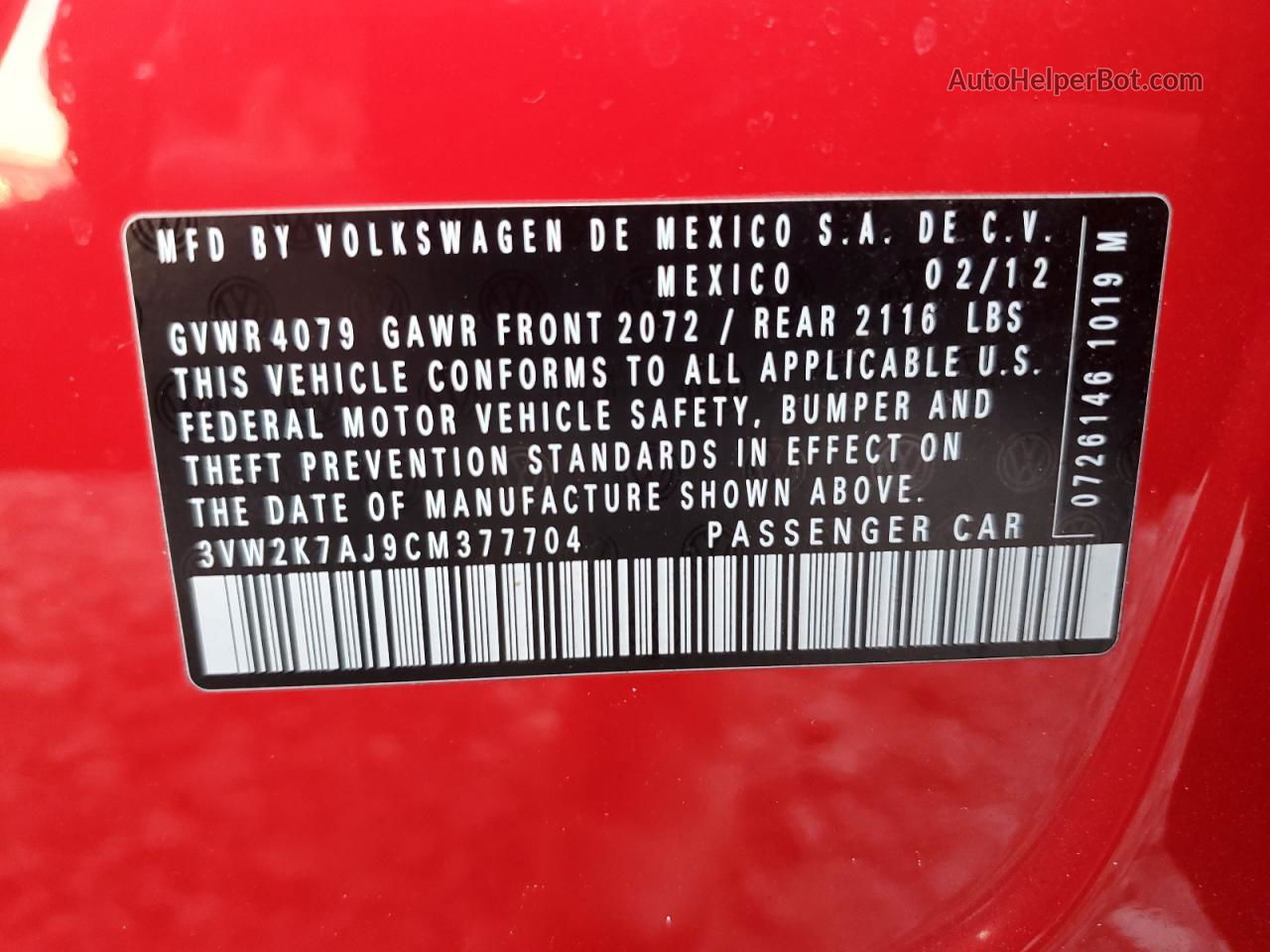 2012 Volkswagen Jetta Base Red vin: 3VW2K7AJ9CM377704