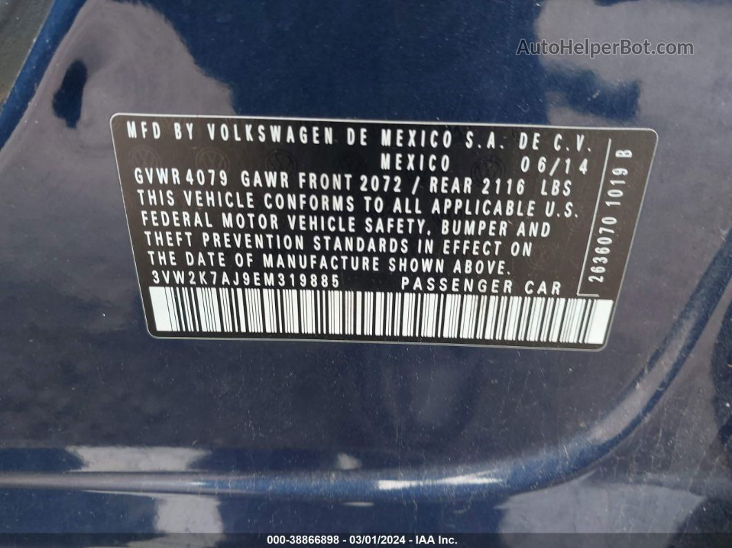 2014 Volkswagen Jetta 2.0l S Blue vin: 3VW2K7AJ9EM319885