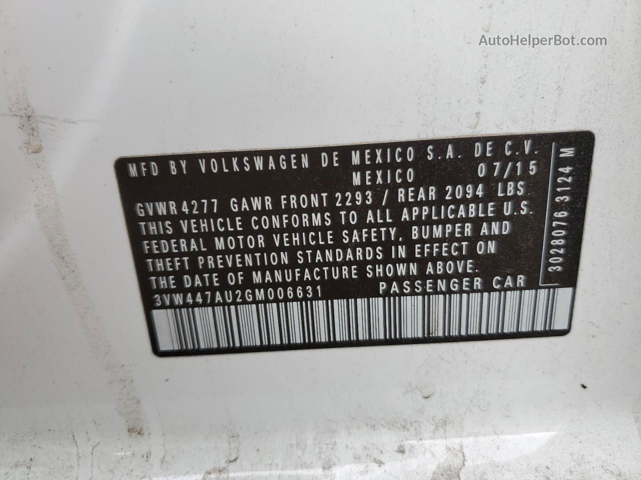 2016 Volkswagen Gti S/se Белый vin: 3VW447AU2GM006631