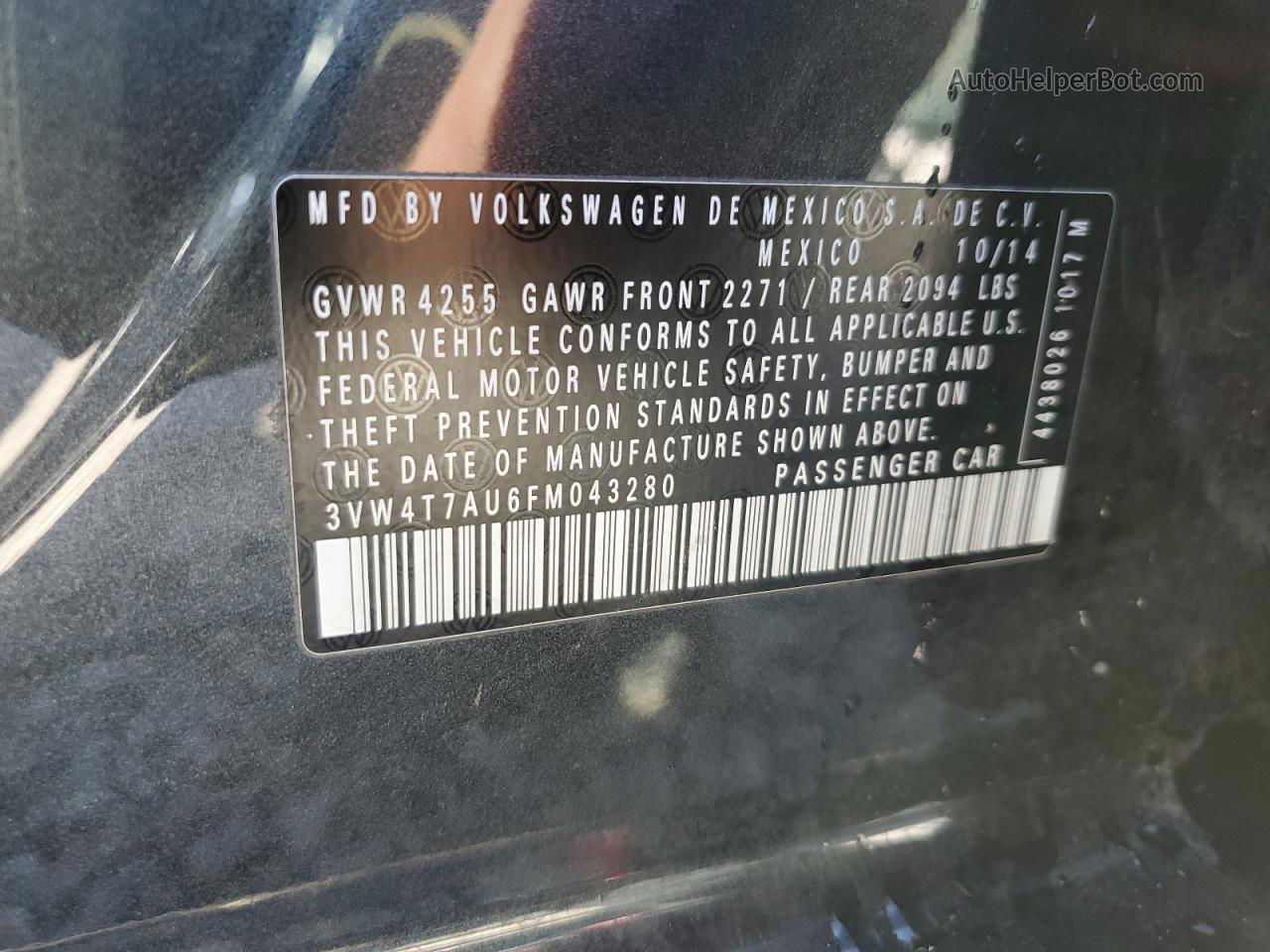 2015 Volkswagen Gti  Charcoal vin: 3VW4T7AU6FM043280