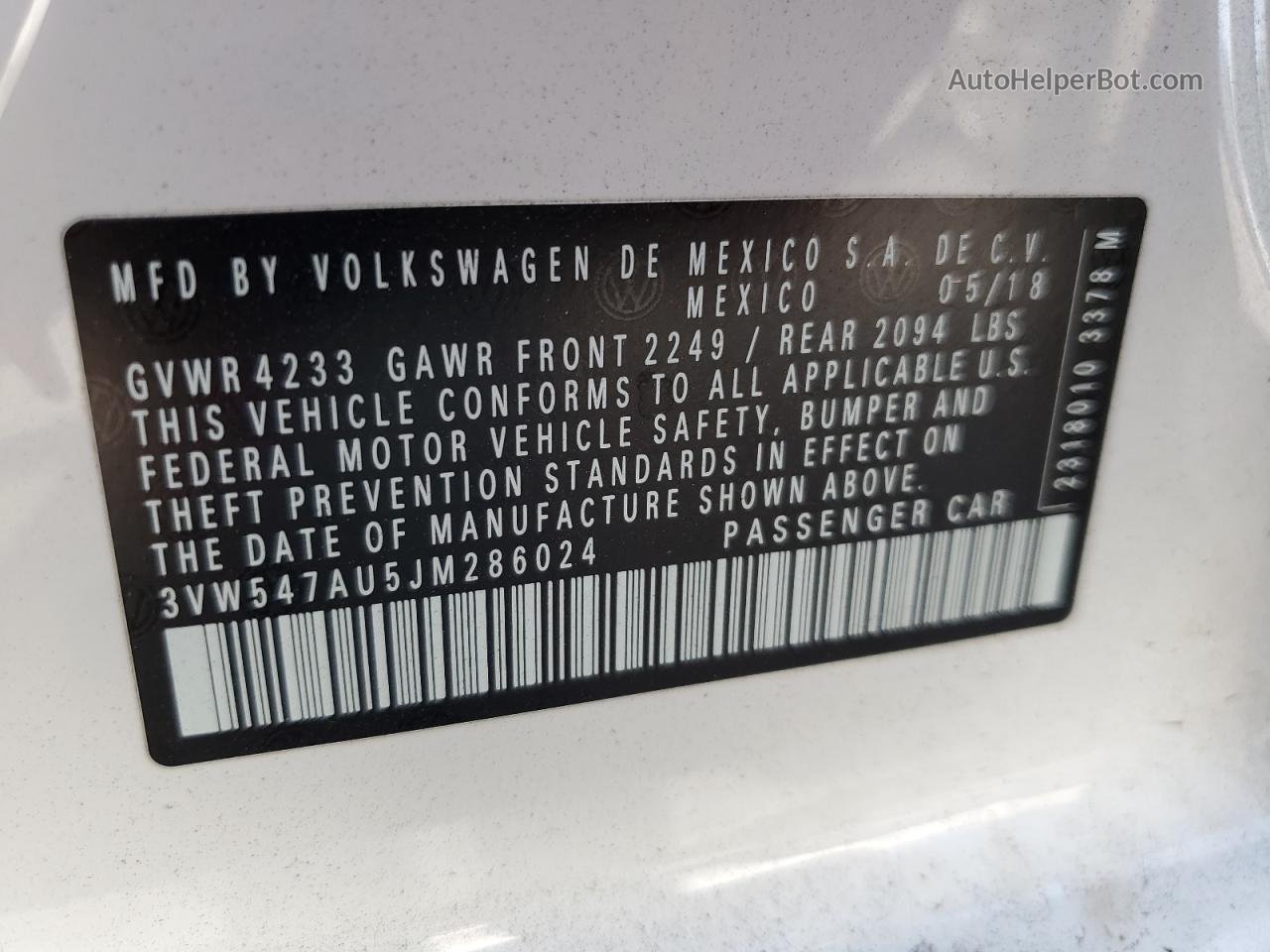 2018 Volkswagen Gti S White vin: 3VW547AU5JM286024