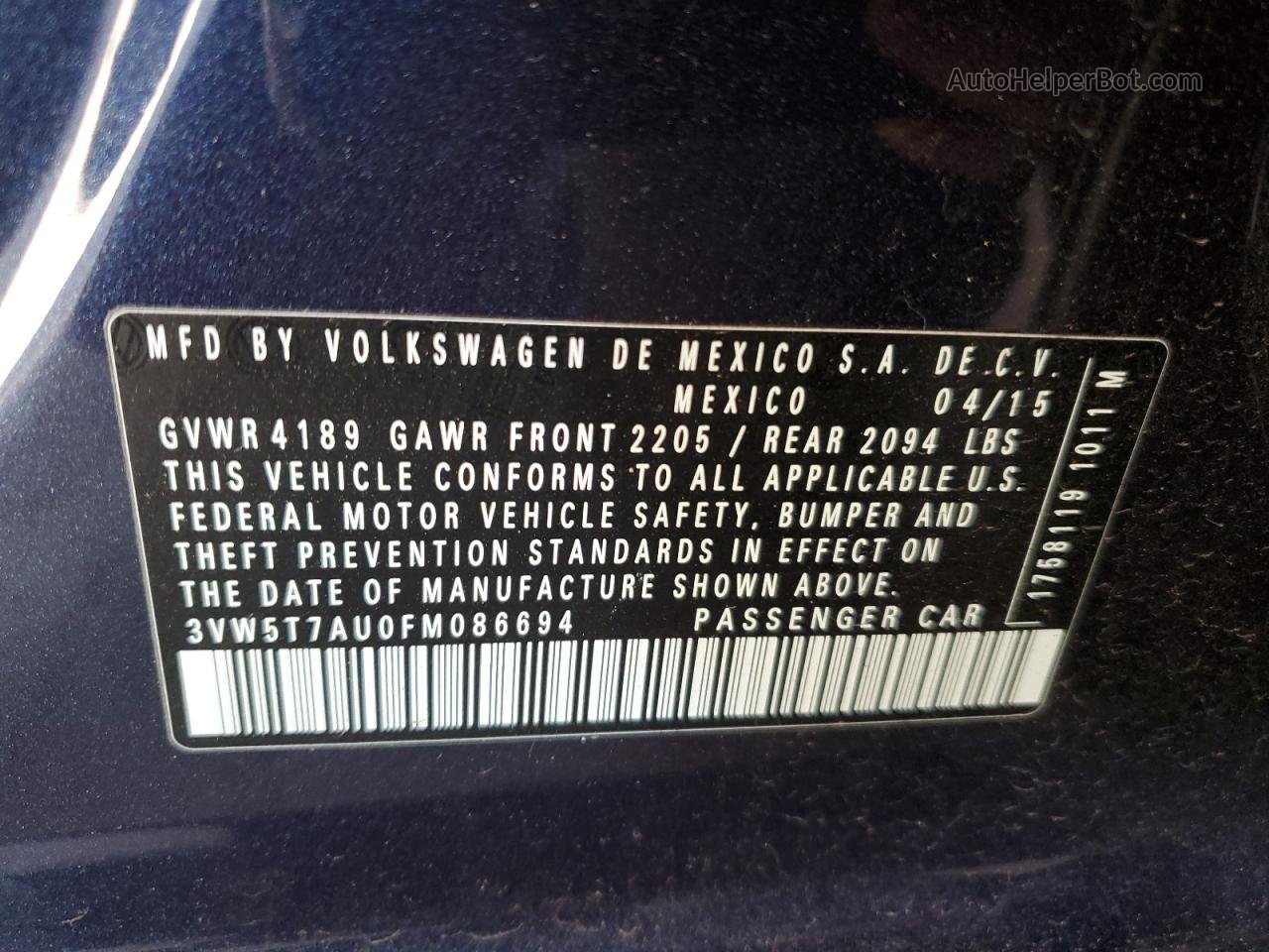 2015 Volkswagen Gti  Blue vin: 3VW5T7AU0FM086694