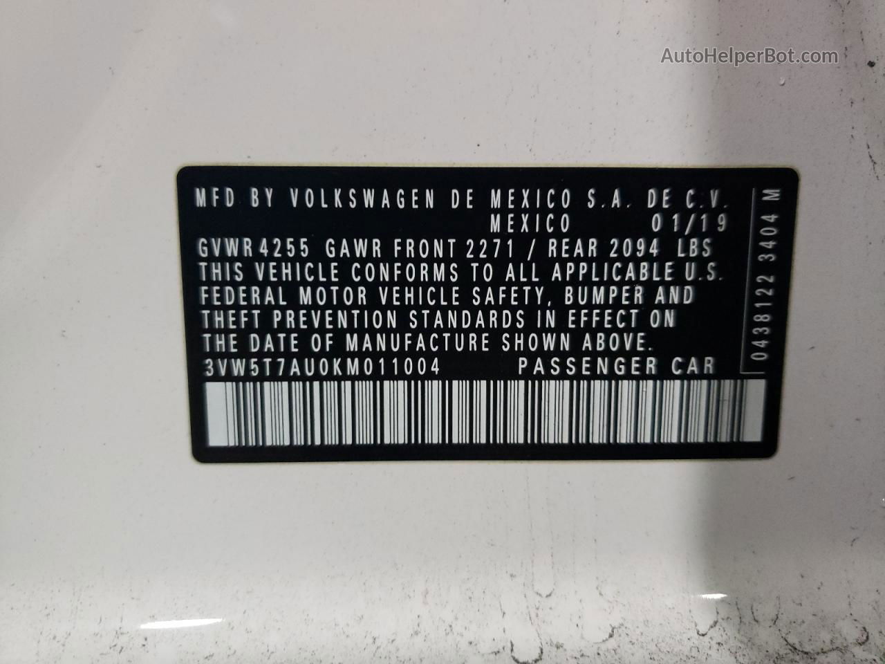 2019 Volkswagen Gti S Белый vin: 3VW5T7AU0KM011004