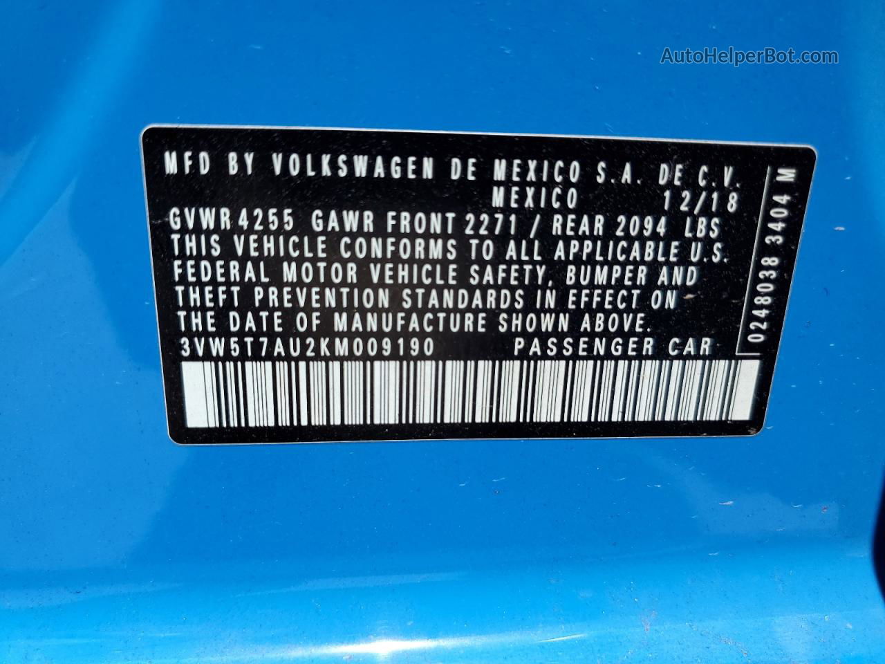 2019 Volkswagen Gti S Blue vin: 3VW5T7AU2KM009190